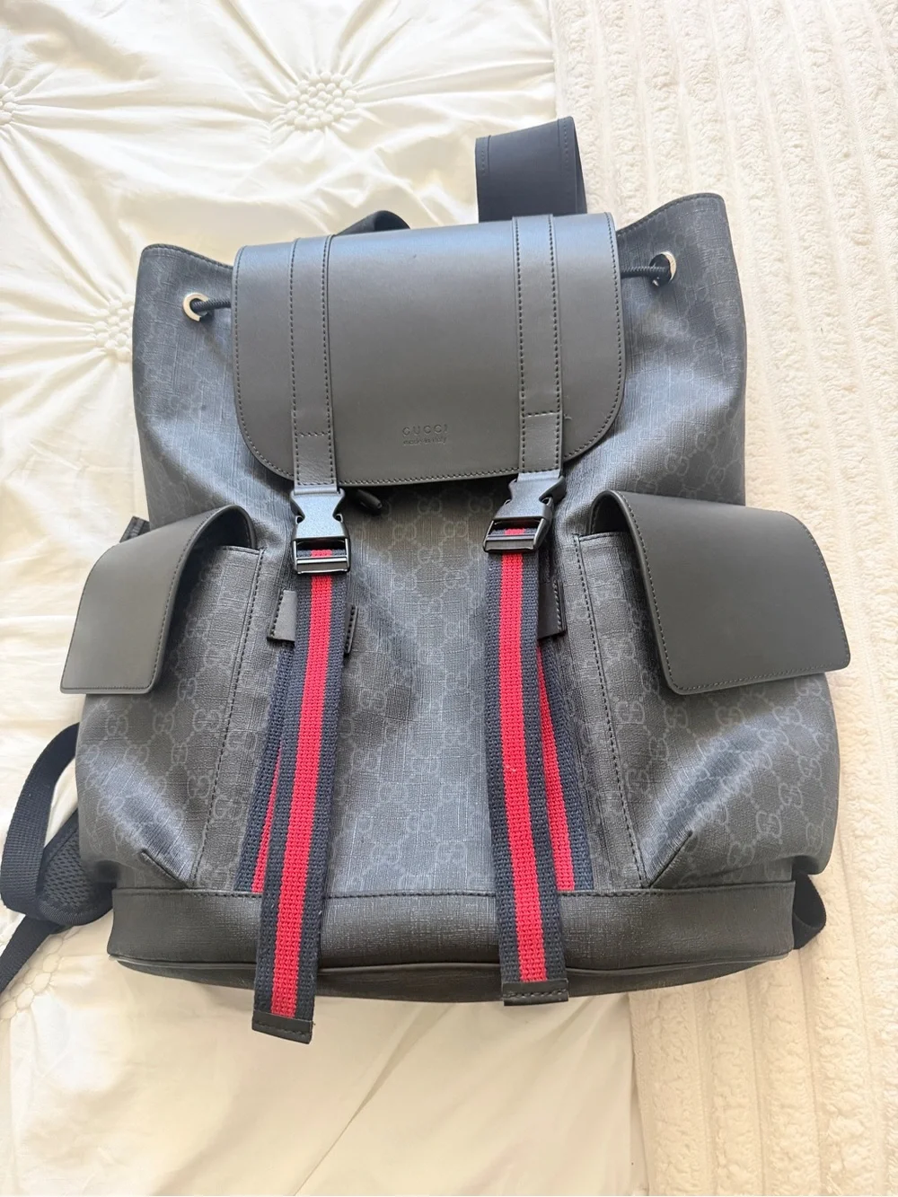 Gucci Black GG Canvas Backpack with Red and Blue Web Straps